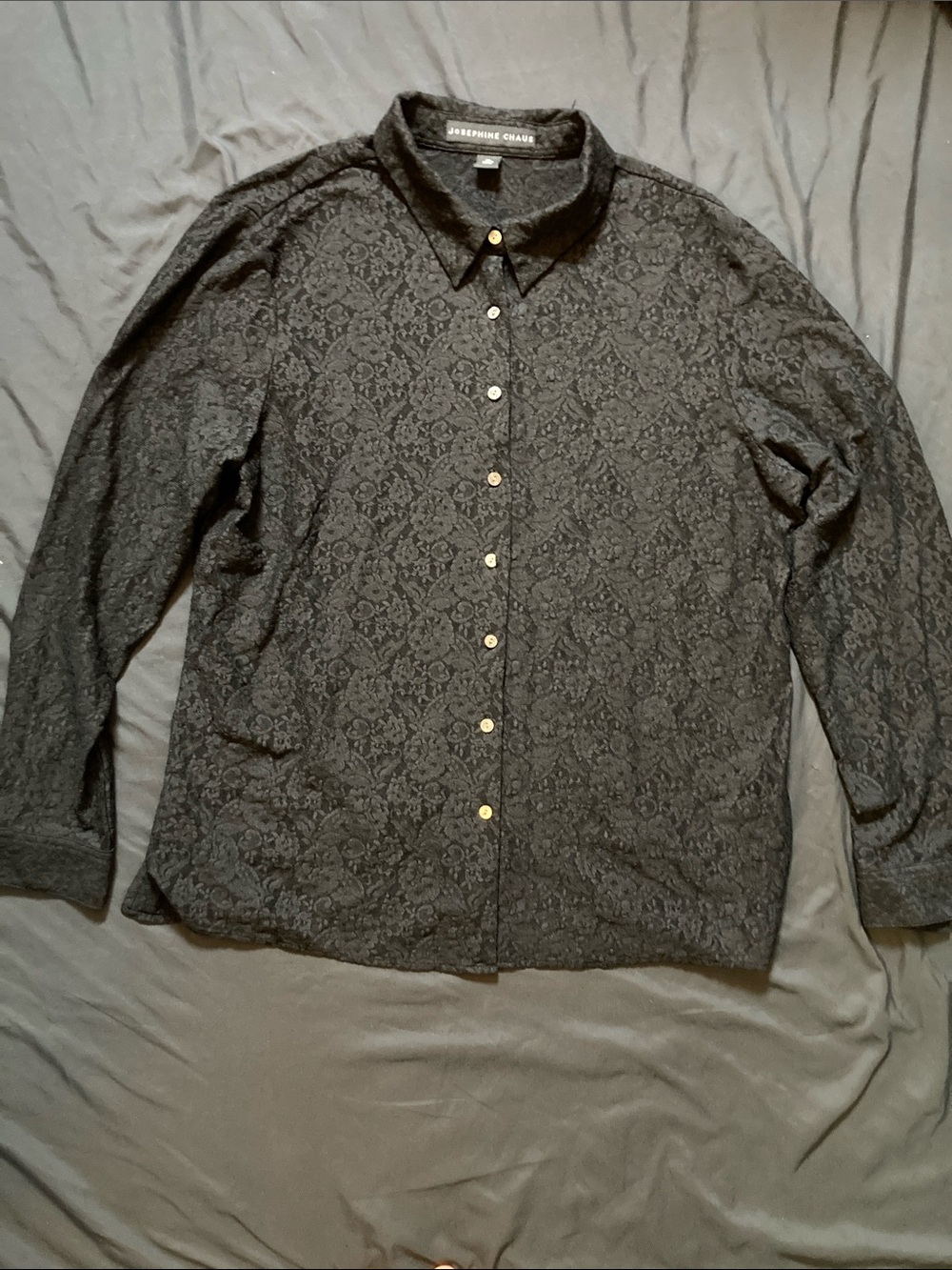 Josephine Chaus Black Lace Sheer Floral Button Up Blouse Long Sleeve Size XL